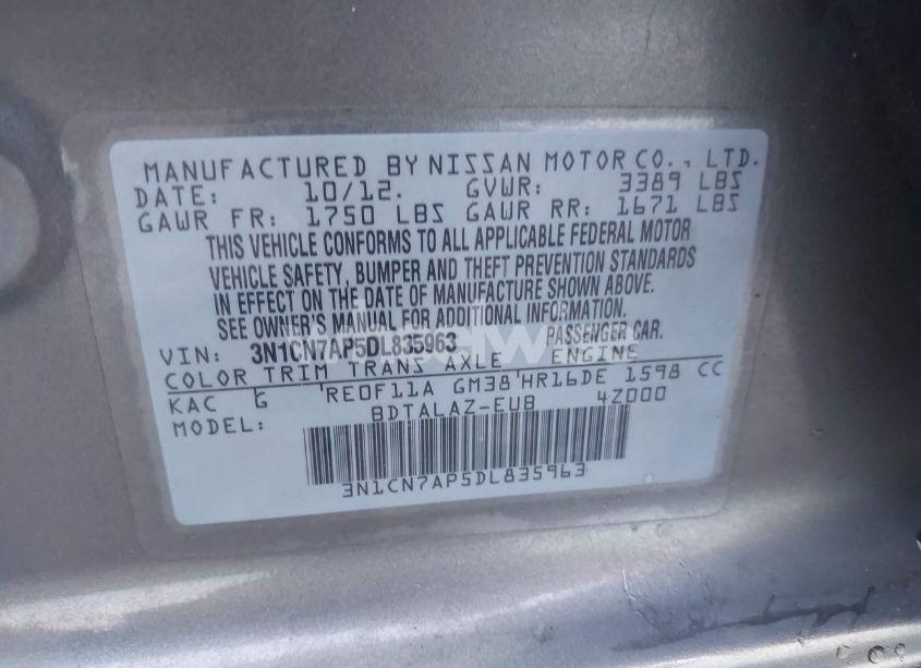 Photo 9 of 2013 Nissan Versa 1.6 S+ (VIN 3N1CN7AP5DL835963)