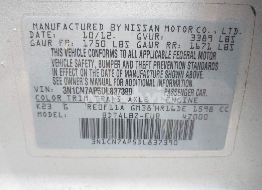 Photo 9 of 2013 Nissan Versa 1.6 SV (VIN 3N1CN7AP5DL837390)