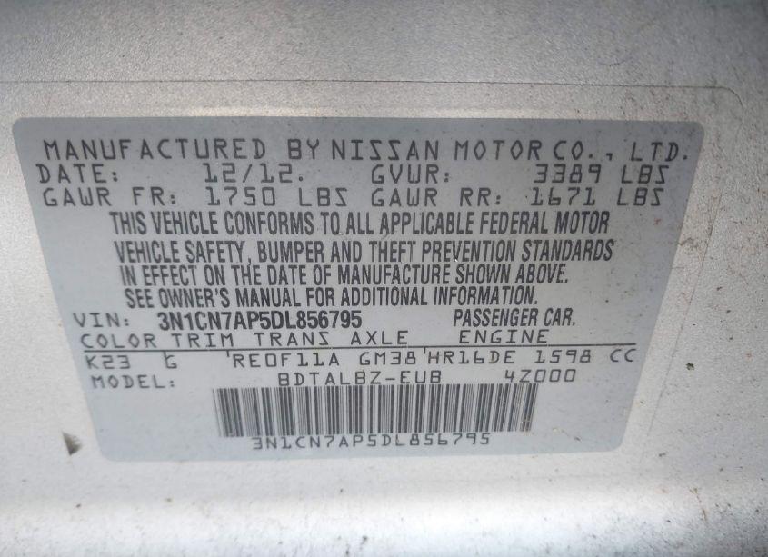 Photo 9 of 2013 Nissan Versa 1.6 SV (VIN 3N1CN7AP5DL856795)