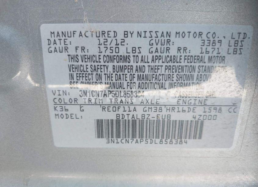 Photo 9 of 2013 Nissan Versa 1.6 SV (VIN 3N1CN7AP5DL858384)