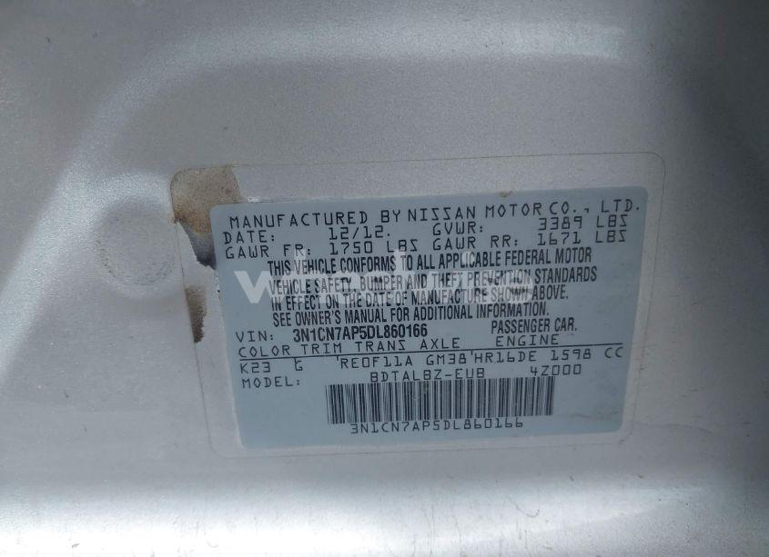 Photo 9 of 2013 Nissan Versa 1.6 SV (VIN 3N1CN7AP5DL860166)