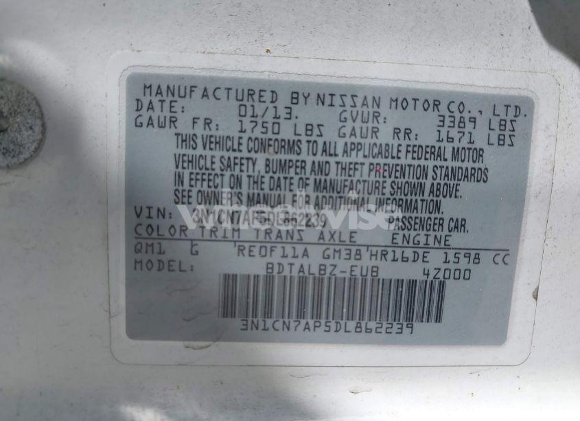 Photo 9 of 2013 Nissan Versa 1.6 SV (VIN 3N1CN7AP5DL862239)