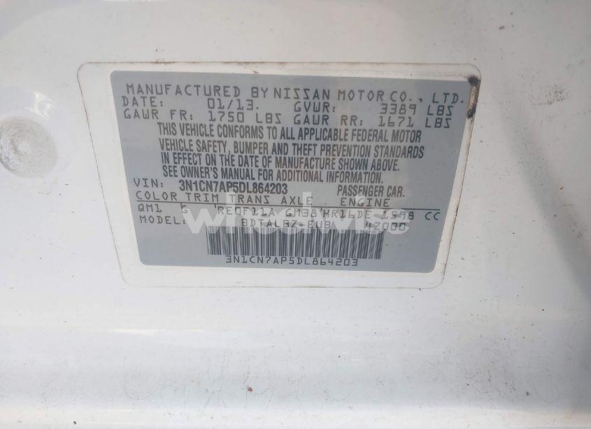 Photo 9 of 2013 Nissan Versa 1.6 SV (VIN 3N1CN7AP5DL864203)