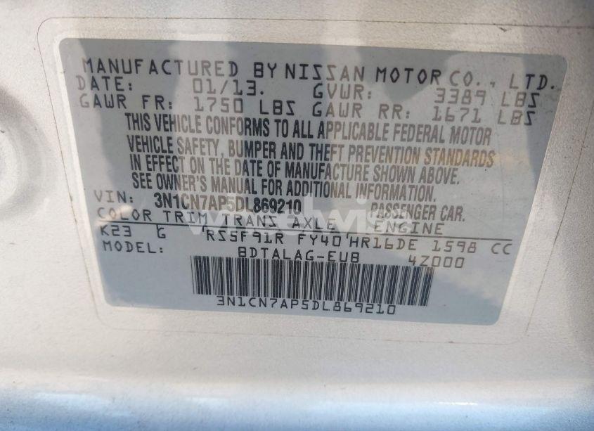 Photo 9 of 2013 Nissan Versa 1.6 S (VIN 3N1CN7AP5DL869210)