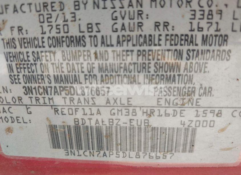 Photo 9 of 2013 Nissan Versa 1.6 SV (VIN 3N1CN7AP5DL876657)