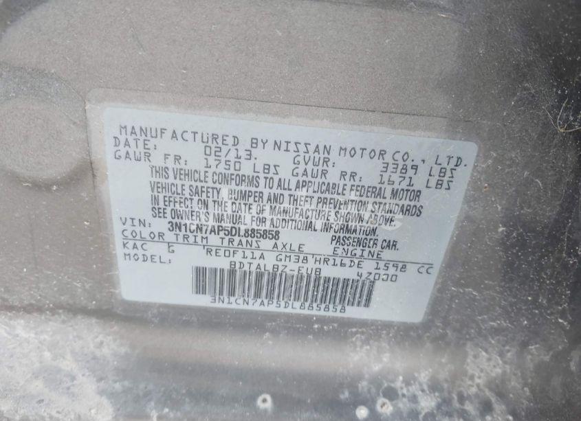 Photo 9 of 2013 Nissan Versa 1.6 SV (VIN 3N1CN7AP5DL885858)