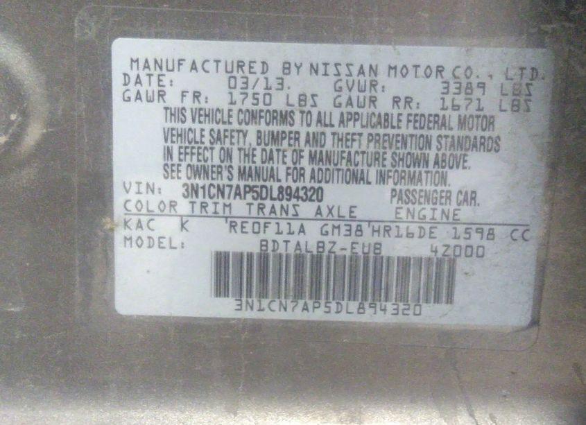 Photo 9 of 2013 Nissan Versa 1.6 SV (VIN 3N1CN7AP5DL894320)