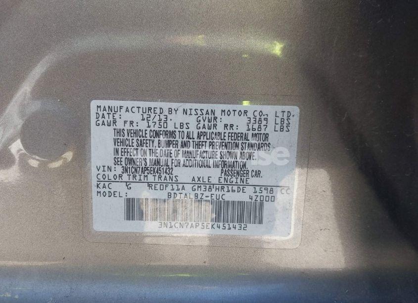 Photo 9 of 2014 Nissan Versa 1.6 SV (VIN 3N1CN7AP5EK451432)