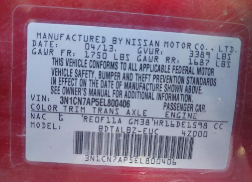 Photo 9 of 2014 Nissan Versa 1.6 SV (VIN 3N1CN7AP5EL800406)