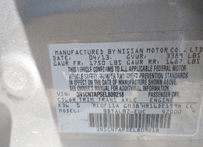 Photo 9 of 2014 Nissan Versa 1.6 SV (VIN 3N1CN7AP5EL809218)