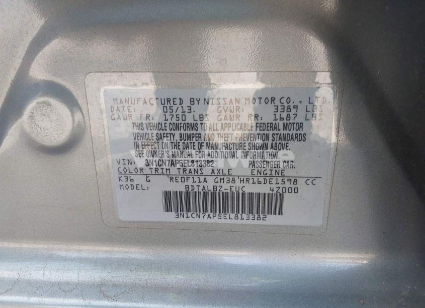 Photo 9 of 2014 Nissan Versa 1.6 SV (VIN 3N1CN7AP5EL813382)