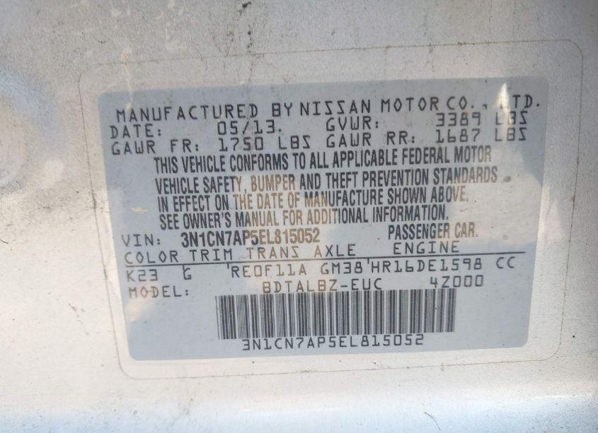 Photo 9 of 2014 Nissan Versa 1.6 SV (VIN 3N1CN7AP5EL815052)