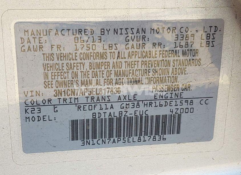 Photo 9 of 2014 Nissan Versa 1.6 SV (VIN 3N1CN7AP5EL817836)