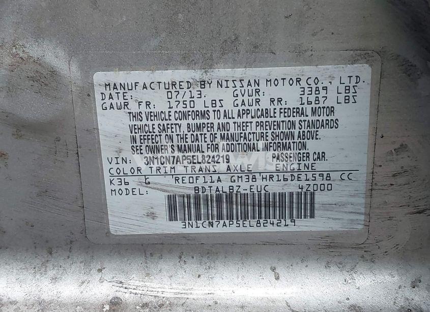 Photo 9 of 2014 Nissan Versa 1.6 SV (VIN 3N1CN7AP5EL824219)