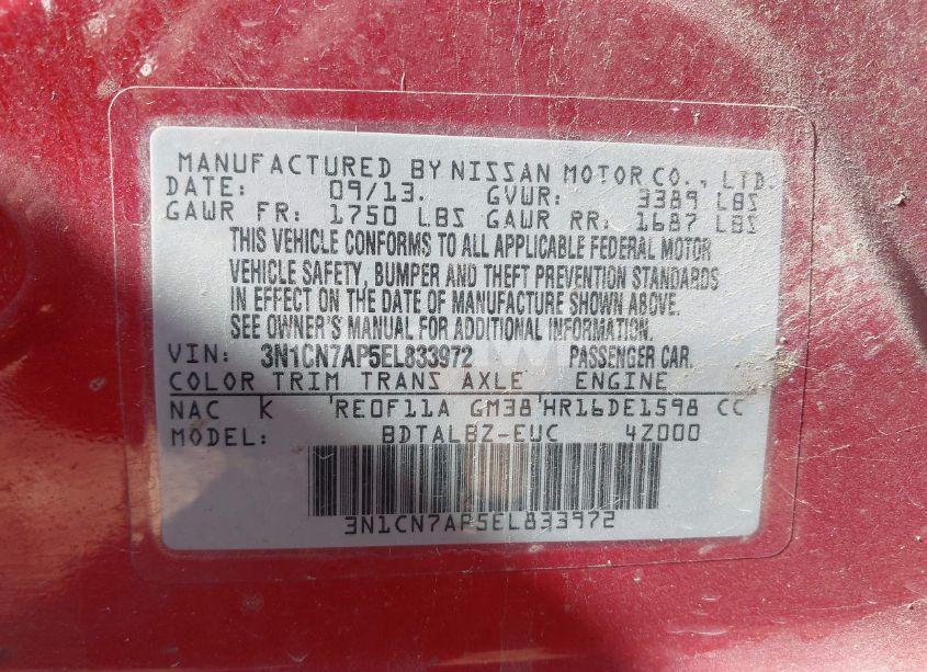 Photo 9 of 2014 Nissan Versa 1.6 SV (VIN 3N1CN7AP5EL833972)