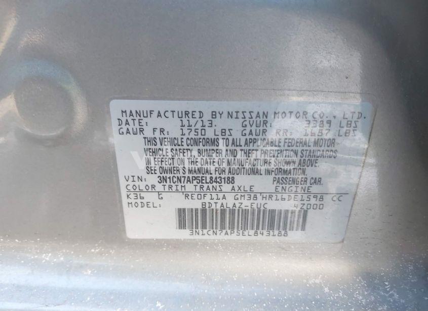 Photo 9 of 2014 Nissan Versa 1.6 S+ (VIN 3N1CN7AP5EL843188)