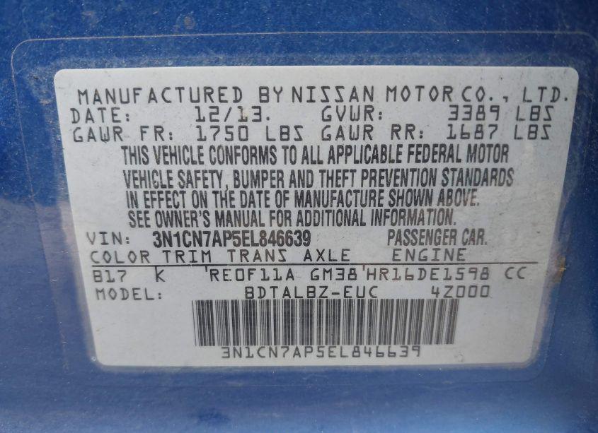 Photo 9 of 2014 Nissan Versa 1.6 SV (VIN 3N1CN7AP5EL846639)