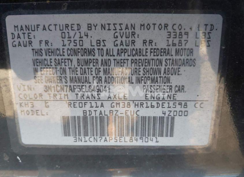 Photo 9 of 2014 Nissan Versa 1.6 SV (VIN 3N1CN7AP5EL849041)