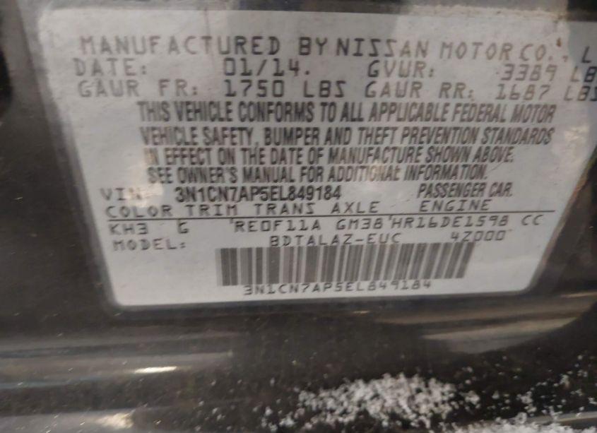 Photo 9 of 2014 Nissan Versa 1.6 S+ (VIN 3N1CN7AP5EL849184)