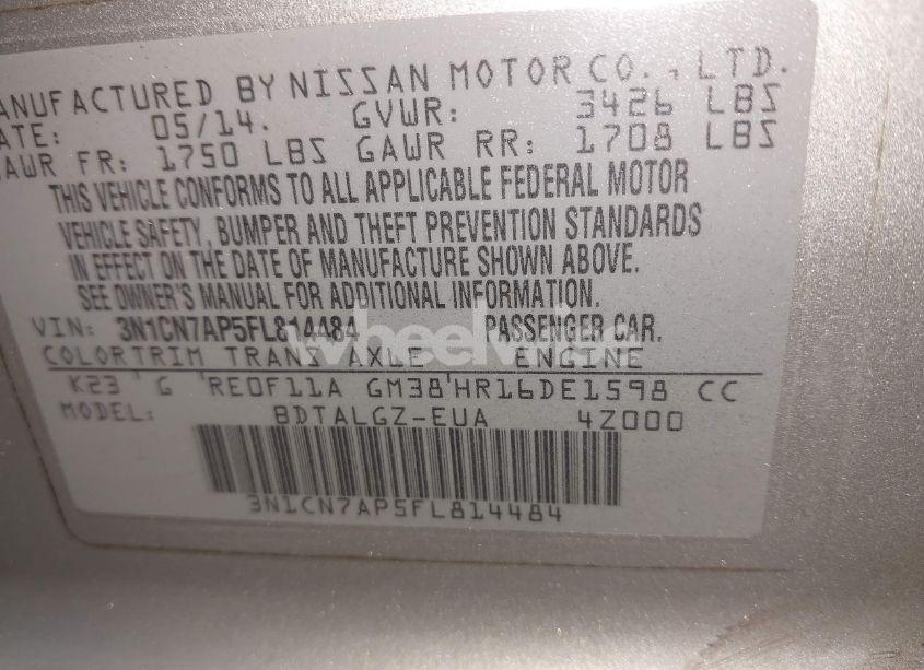 Photo 9 of 2015 Nissan Versa 1.6 SL (VIN 3N1CN7AP5FL814484)