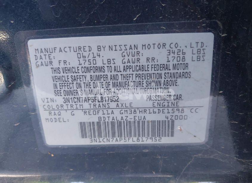 Photo 9 of 2015 Nissan Versa 1.6 S+ (VIN 3N1CN7AP5FL817952)