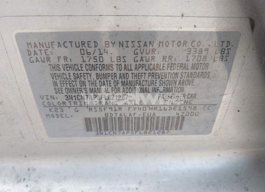 Photo 9 of 2015 Nissan Versa 1.6 S (VIN 3N1CN7AP5FL821287)