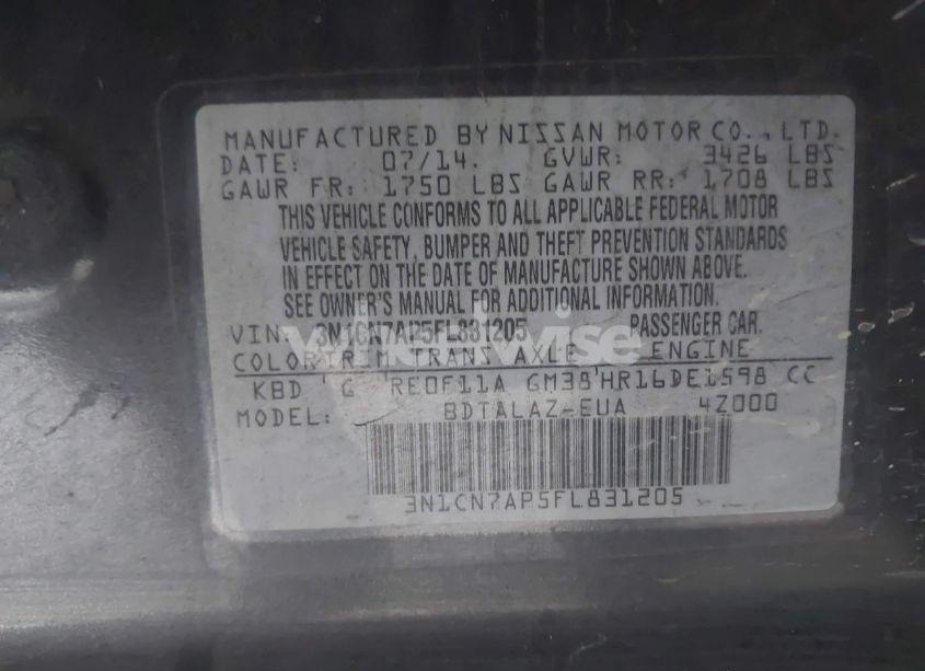 Photo 9 of 2015 Nissan Versa 1.6 S+ (VIN 3N1CN7AP5FL831205)