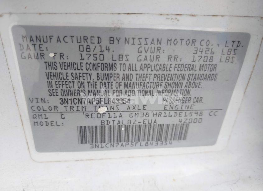 Photo 9 of 2015 Nissan Versa 1.6 SV (VIN 3N1CN7AP5FL843354)