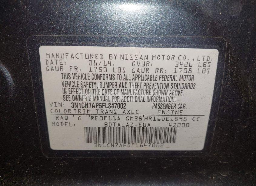 Photo 9 of 2015 Nissan Versa 1.6 S+ (VIN 3N1CN7AP5FL847002)