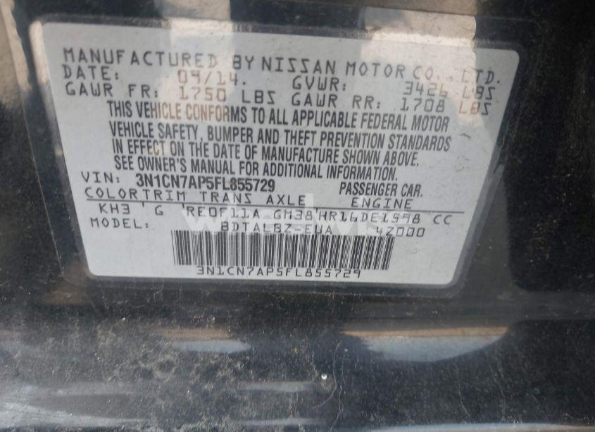 Photo 9 of 2015 Nissan Versa 1.6 S/1.6 S+/1.6 SL/1.6 SV (VIN 3N1CN7AP5FL855729)