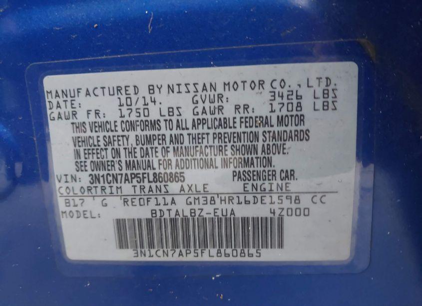 Photo 9 of 2015 Nissan Versa 1.6 S/1.6 S+/1.6 SL/1.6 SV (VIN 3N1CN7AP5FL860865)