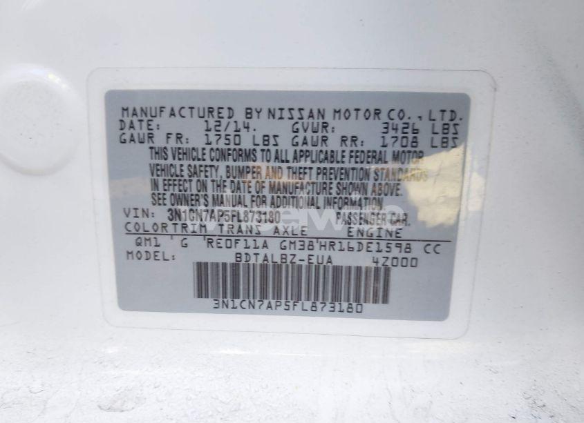 Photo 9 of 2015 Nissan Versa 1.6 SV (VIN 3N1CN7AP5FL873180)