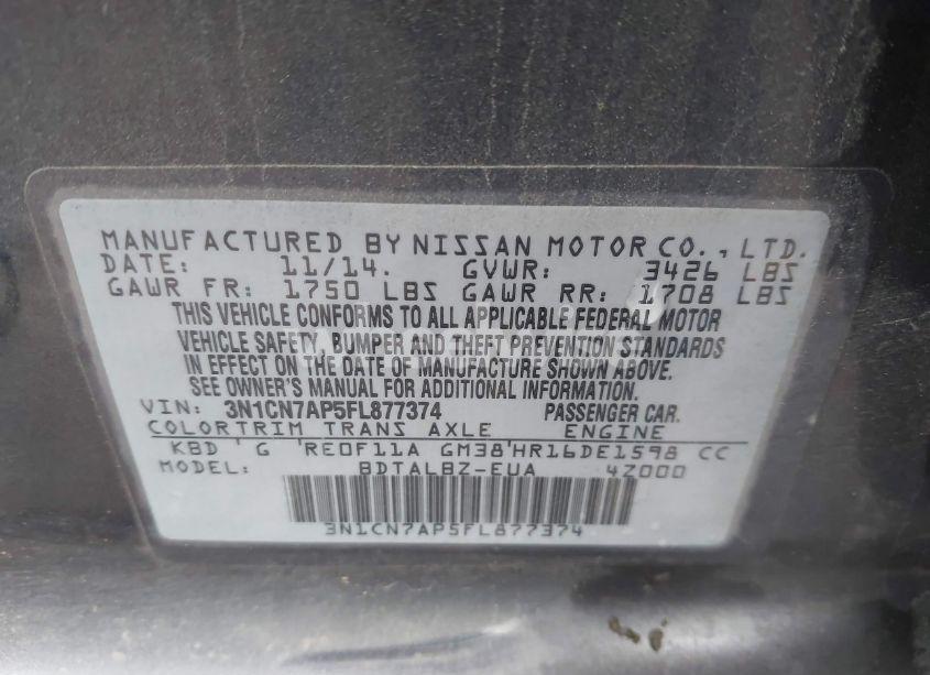 Photo 9 of 2015 Nissan Versa 1.6 SV (VIN 3N1CN7AP5FL877374)