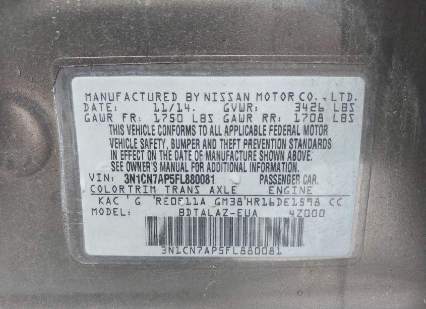 Photo 9 of 2015 Nissan Versa 1.6 S+ (VIN 3N1CN7AP5FL880081)
