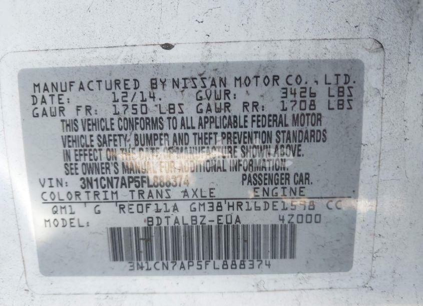 Photo 9 of 2015 Nissan Versa 1.6 S/1.6 S+/1.6 SL/1.6 SV (VIN 3N1CN7AP5FL888374)