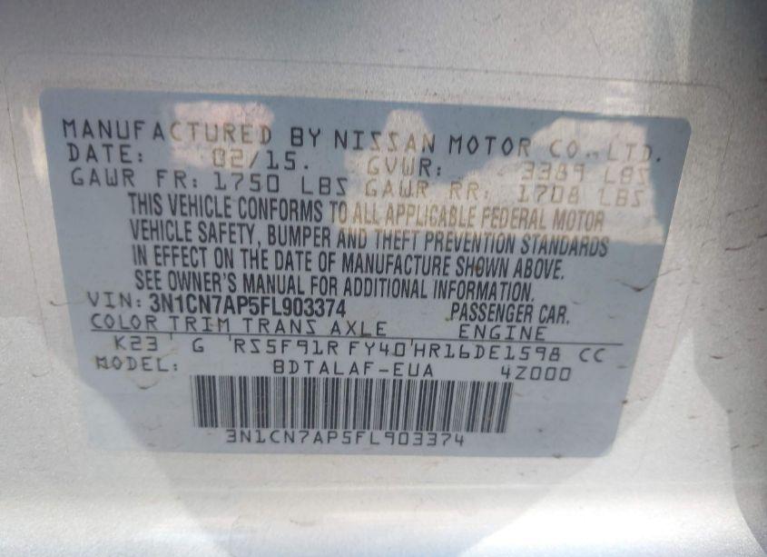 Photo 9 of 2015 Nissan Versa 1.6 S (VIN 3N1CN7AP5FL903374)