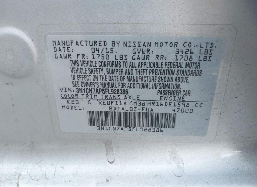 Photo 9 of 2015 Nissan Versa 1.6 SV (VIN 3N1CN7AP5FL928386)