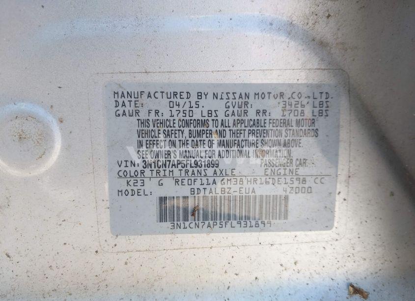 Photo 9 of 2015 Nissan Versa 1.6 SV (VIN 3N1CN7AP5FL931899)