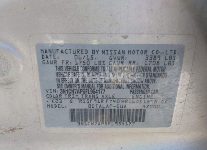 Photo 9 of 2015 Nissan Versa 1.6 S (VIN 3N1CN7AP5FL954177)