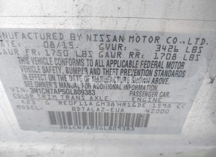 Photo 9 of 2016 Nissan Versa 1.6 S/1.6 S+/1.6 SL/1.6 SV (VIN 3N1CN7AP5GL809383)