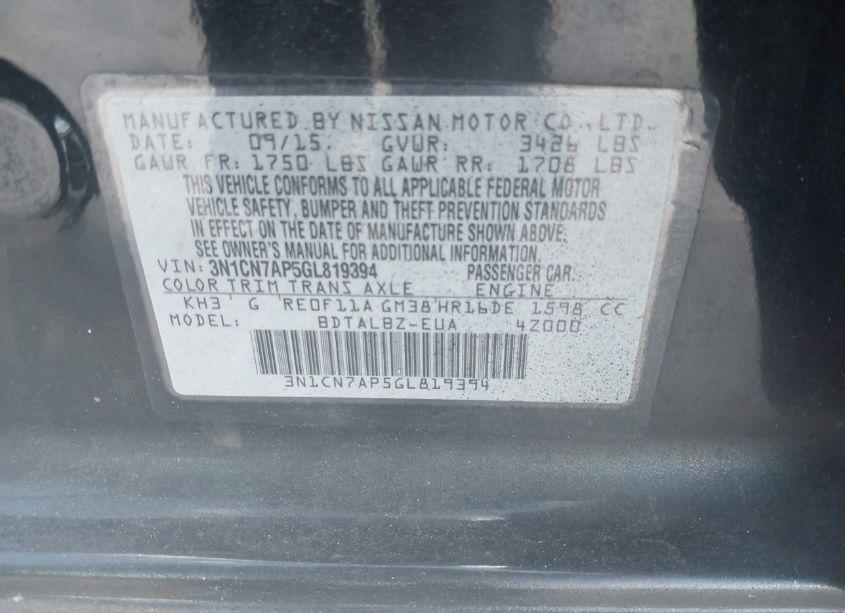 Photo 9 of 2016 Nissan Versa 1.6 S/1.6 S+/1.6 SL/1.6 SV (VIN 3N1CN7AP5GL819394)