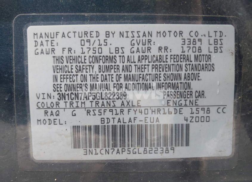 Photo 9 of 2016 Nissan Versa 1.6 S (VIN 3N1CN7AP5GL822389)