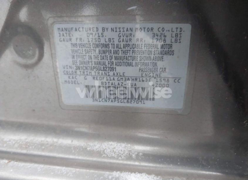 Photo 9 of 2016 Nissan Versa 1.6 S+ (VIN 3N1CN7AP5GL827091)