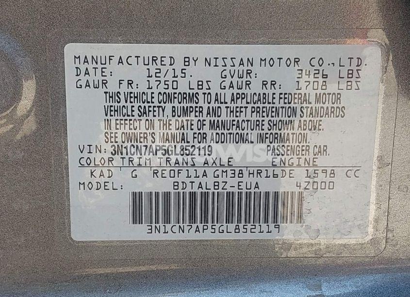 Photo 9 of 2016 Nissan Versa 1.6 S/1.6 S+/1.6 SL/1.6 SV (VIN 3N1CN7AP5GL852119)