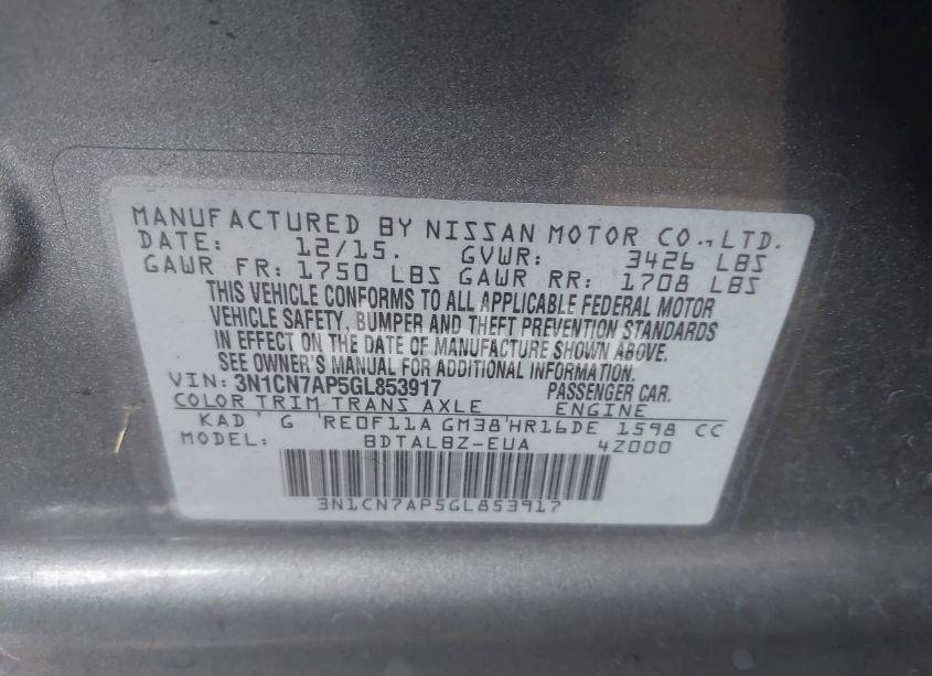 Photo 9 of 2016 Nissan Versa 1.6 S/1.6 S+/1.6 SL/1.6 SV (VIN 3N1CN7AP5GL853917)