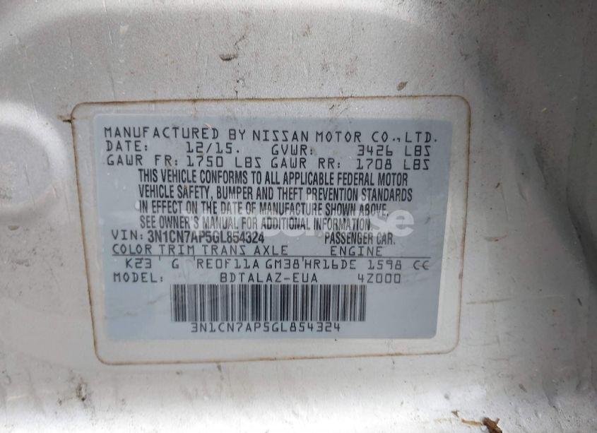 Photo 9 of 2016 Nissan Versa 1.6 S+ (VIN 3N1CN7AP5GL854324)