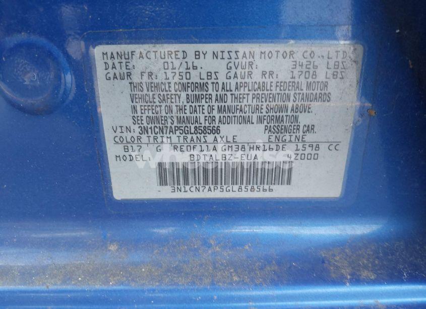 Photo 9 of 2016 Nissan Versa 1.6 SV (VIN 3N1CN7AP5GL858566)