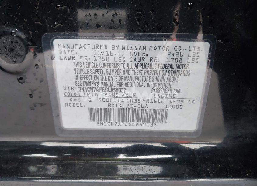 Photo 9 of 2016 Nissan Versa 1.6 SV (VIN 3N1CN7AP5GL859037)