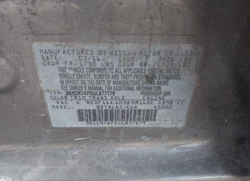 Photo 9 of 2016 Nissan Versa 1.6 S+ (VIN 3N1CN7AP5GL877179)