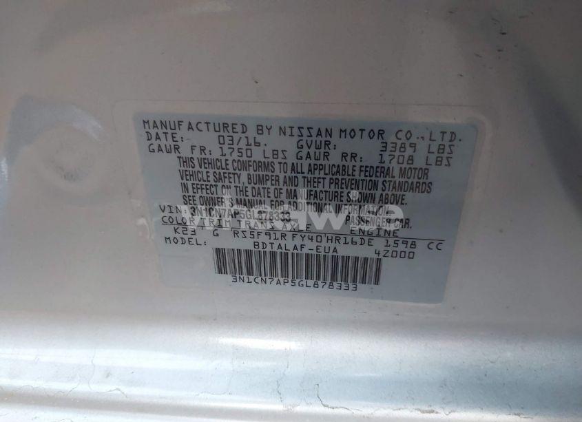 Photo 9 of 2016 Nissan Versa 1.6 S (VIN 3N1CN7AP5GL878333)